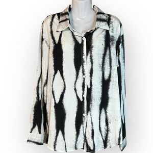 Blouse XL Button Down Business Casual Tie Dye Black Ivory Office Siren COMMENSE